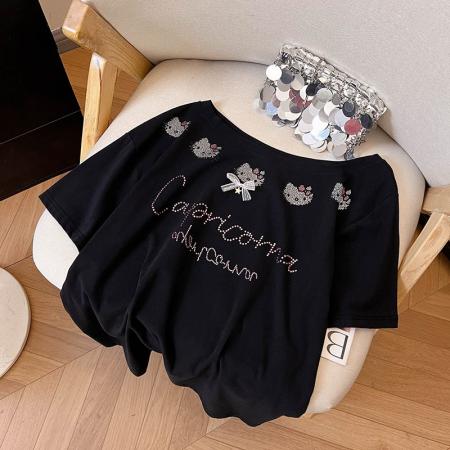 BY16960# 大码女装200斤短袖t恤夏新款潮宽松烫钻斜领上衣  服裝批發女裝批發服飾貨源