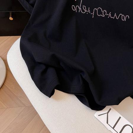 BY16960# 大码女装200斤短袖t恤夏新款潮宽松烫钻斜领上衣  服裝批發女裝批發服飾貨源