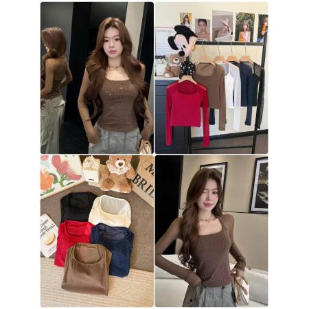 BY16962# 夏季新款纯欲风满钻拼接网纱长袖T袖修身显瘦一体式带胸垫女  服裝批發女裝批發服飾貨源