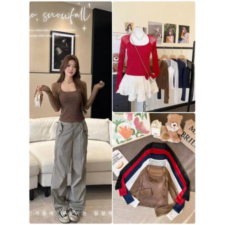 BY16962# 夏季新款纯欲风满钻拼接网纱长袖T袖修身显瘦一体式带胸垫女  服裝批發女裝批發服飾貨源