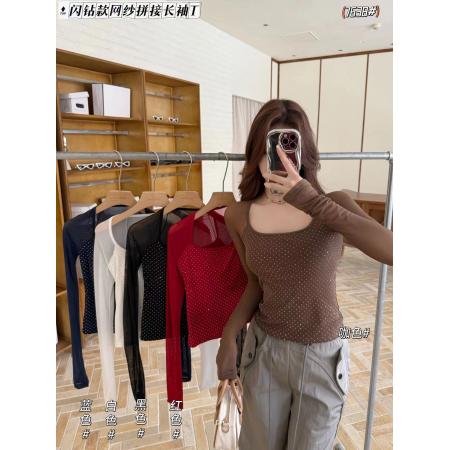 BY16962# 夏季新款纯欲风满钻拼接网纱长袖T袖修身显瘦一体式带胸垫女  服裝批發女裝批發服飾貨源