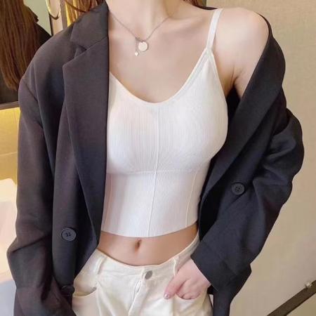 BY16964# 蓝色背心吊带小众内搭抹胸女百搭外穿大U美背带胸垫一体打底上衣  服裝批發女裝批發服飾貨源