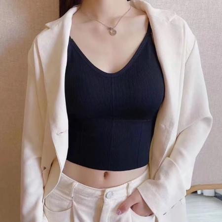 BY16964# 蓝色背心吊带小众内搭抹胸女百搭外穿大U美背带胸垫一体打底上衣  服裝批發女裝批發服飾貨源