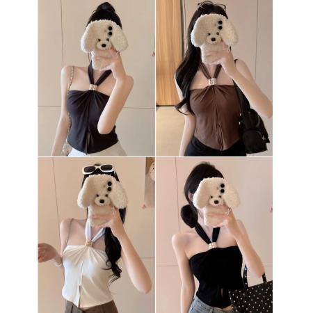 BY16965# 夏季新款纯欲风挂脖褶皱美背设计修身显瘦女固定带胸垫上衣  服裝批發女裝批發服飾貨源