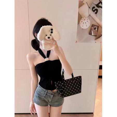 BY16965# 夏季新款纯欲风挂脖褶皱美背设计修身显瘦女固定带胸垫上衣  服裝批發女裝批發服飾貨源