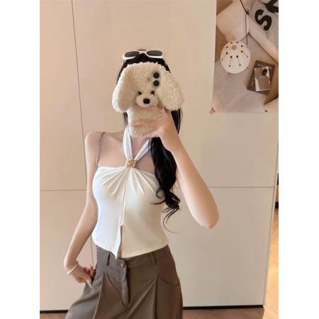 BY16965# 夏季新款纯欲风挂脖褶皱美背设计修身显瘦女固定带胸垫上衣  服裝批發女裝批發服飾貨源