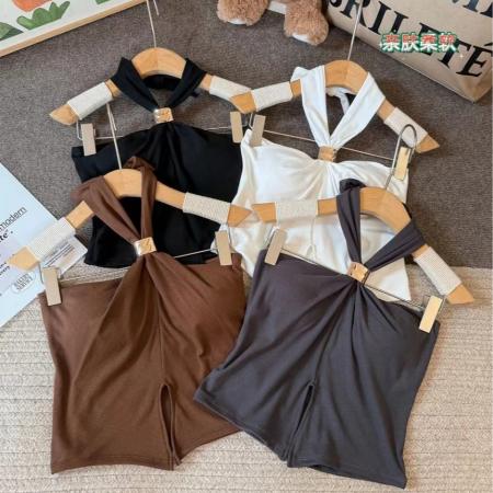 BY16965# 夏季新款纯欲风挂脖褶皱美背设计修身显瘦女固定带胸垫上衣  服裝批發女裝批發服飾貨源