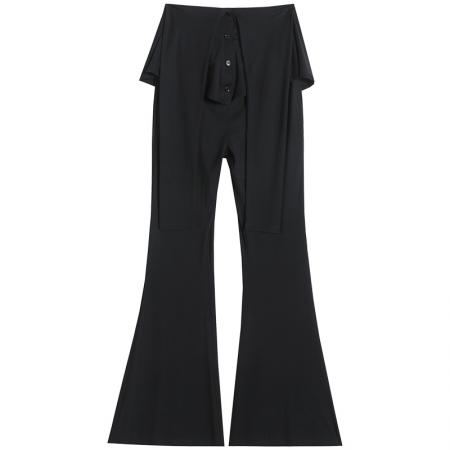 BY16966# 假两件遮屁股显瘦屁帘裤设计感气质高腰休闲长裤侧开叉微喇裤  服裝批發女裝批發服飾貨源