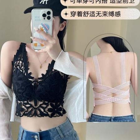 BY16968# 法式甜辣蕾丝钩花小吊带背心女内搭打底胸垫外穿辣妹镂空抹胸上衣  服裝批發女裝批發服飾貨源