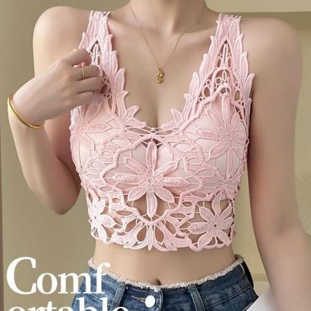 BY16968# 法式甜辣蕾丝钩花小吊带背心女内搭打底胸垫外穿辣妹镂空抹胸上衣  服裝批發女裝批發服飾貨源