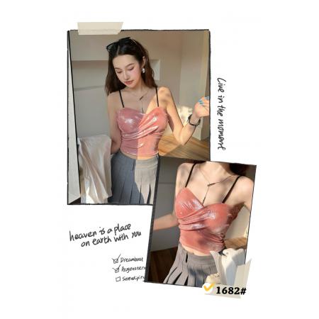 BY16969# 春季时尚辣妹V领亮面交叉斜片不规则自带胸垫一体式吊带抹胸  服裝批發女裝批發服飾貨源