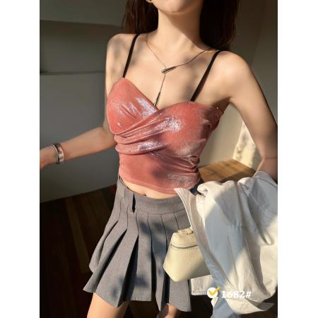 BY16969# 春季时尚辣妹V领亮面交叉斜片不规则自带胸垫一体式吊带抹胸  服裝批發女裝批發服飾貨源