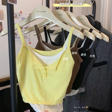 BY16970# 夏季新款纯欲风假两件吊带背心修身显瘦一体式带胸垫上衣女  服裝批發女裝批發服飾貨源