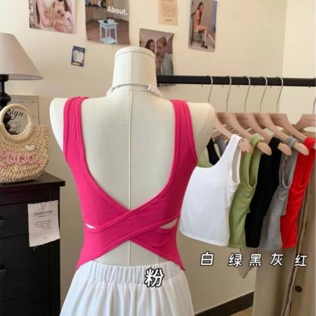 BY16971# 网红同款美式交叉背心女方领修身内搭自带胸垫遮副乳美背女  服裝批發女裝批發服飾貨源