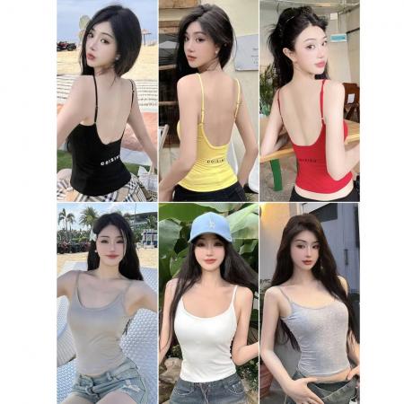 BY16972# 人棉纯色时尚百搭带胸垫吊带背心女修身百搭夏季辣妹小背心  服裝批發女裝批發服飾貨源