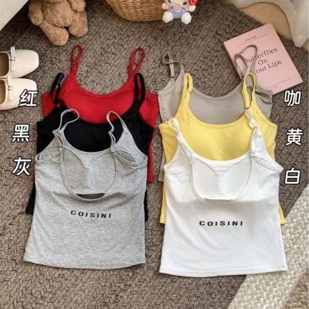 BY16972# 人棉纯色时尚百搭带胸垫吊带背心女修身百搭夏季辣妹小背心  服裝批發女裝批發服飾貨源