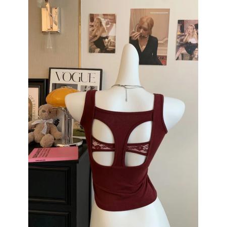 BY16973# 夏季新款性感风镂空蕾丝拼接吊带背心修身百搭固定带胸垫上衣  服裝批發女裝批發服飾貨源