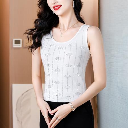 BY16974# 夏季新款高端欧货重工烫水钻竖条字母时尚单穿打底棉背心  服裝批發女裝批發服飾貨源