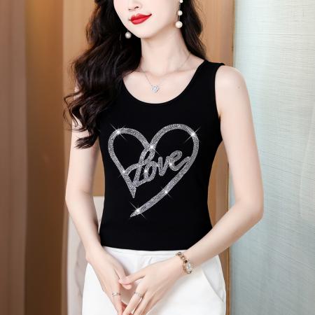 BY16975# 夏季新款高档重工烫水钻桃心字母洋气时尚单穿打底棉背心  服裝批發女裝批發服飾貨源