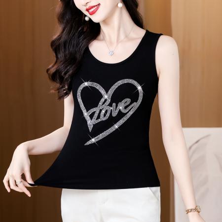 BY16975# 夏季新款高档重工烫水钻桃心字母洋气时尚单穿打底棉背心  服裝批發女裝批發服飾貨源