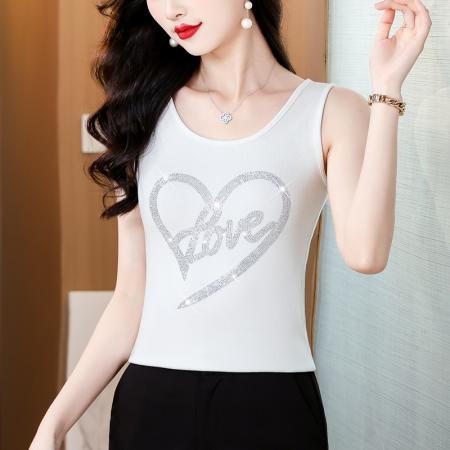 BY16975# 夏季新款高档重工烫水钻桃心字母洋气时尚单穿打底棉背心  服裝批發女裝批發服飾貨源