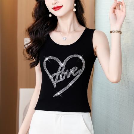 BY16975# 夏季新款高档重工烫水钻桃心字母洋气时尚单穿打底棉背心  服裝批發女裝批發服飾貨源
