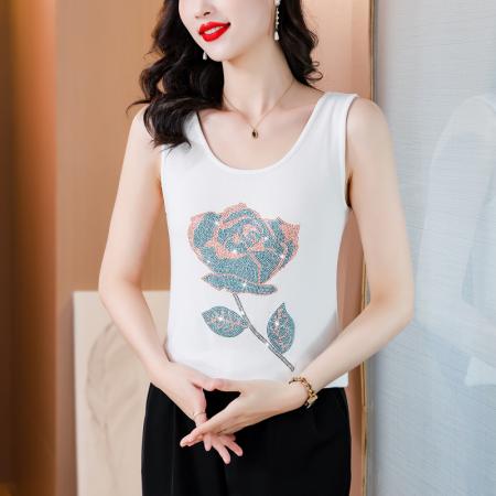 BY16976# 夏新款重工玫瑰花烫水钻洋气减龄时尚百搭高弹棉吊带背心  服裝批發女裝批發服飾貨源