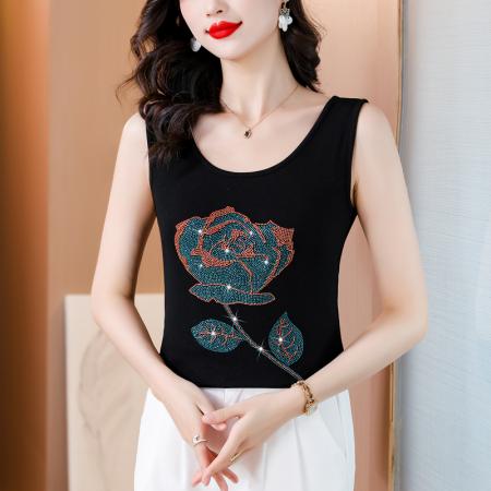 BY16976# 夏新款重工玫瑰花烫水钻洋气减龄时尚百搭高弹棉吊带背心  服裝批發女裝批發服飾貨源