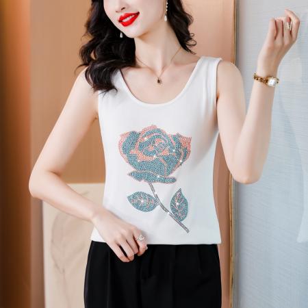 BY16976# 夏新款重工玫瑰花烫水钻洋气减龄时尚百搭高弹棉吊带背心  服裝批發女裝批發服飾貨源