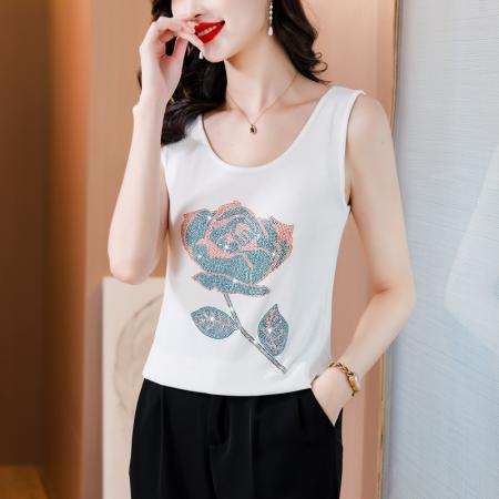 BY16976# 夏新款重工玫瑰花烫水钻洋气减龄时尚百搭高弹棉吊带背心  服裝批發女裝批發服飾貨源