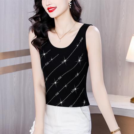 BY16977# 夏新款时尚高档重工水钻斜纹字母单穿内搭气质高弹棉背心  服裝批發女裝批發服飾貨源