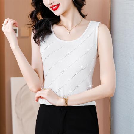 BY16977# 夏新款时尚高档重工水钻斜纹字母单穿内搭气质高弹棉背心  服裝批發女裝批發服飾貨源