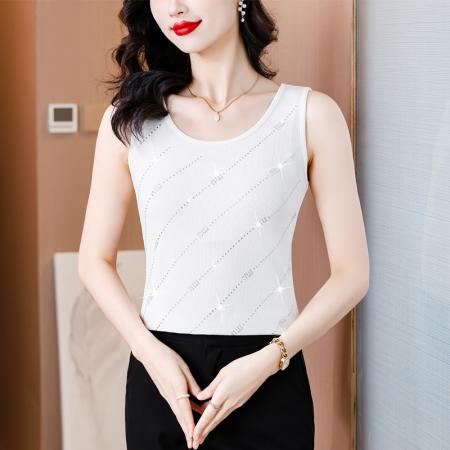 BY16977# 夏新款时尚高档重工水钻斜纹字母单穿内搭气质高弹棉背心  服裝批發女裝批發服飾貨源
