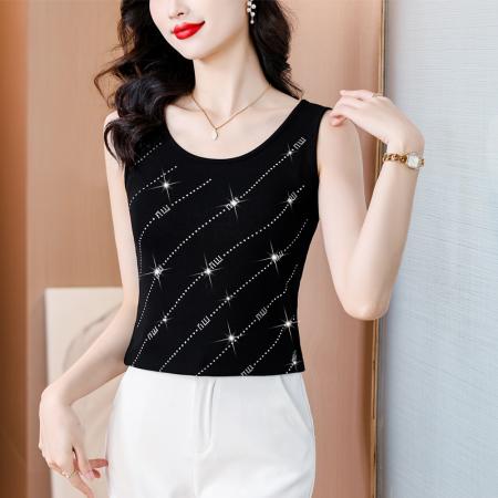 BY16977# 夏新款时尚高档重工水钻斜纹字母单穿内搭气质高弹棉背心  服裝批發女裝批發服飾貨源