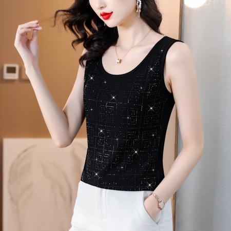 BY16978# 春夏新款高级感重工烫水钻四宫格花型高弹棉质背心吊带  服裝批發女裝批發服飾貨源