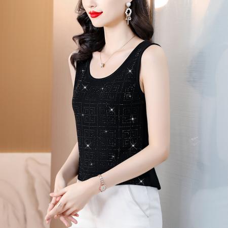 BY16978# 春夏新款高级感重工烫水钻四宫格花型高弹棉质背心吊带  服裝批發女裝批發服飾貨源