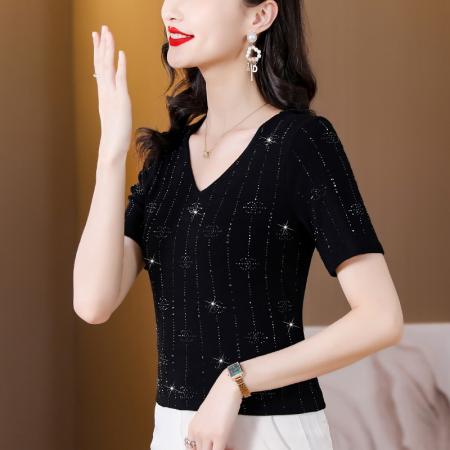 BY16981# 夏季新款短袖大码装高弹棉质亮闪闪重工烫钻T恤上衣  服裝批發女裝批發服飾貨源