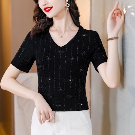 BY16981# 夏季新款短袖大码装高弹棉质亮闪闪重工烫钻T恤上衣  服裝批發女裝批發服飾貨源