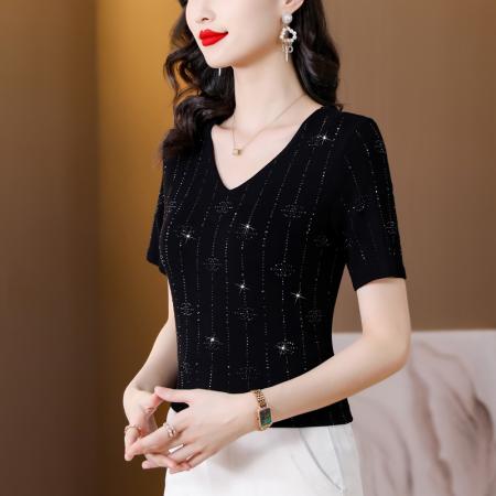 BY16981# 夏季新款短袖大码装高弹棉质亮闪闪重工烫钻T恤上衣  服裝批發女裝批發服飾貨源