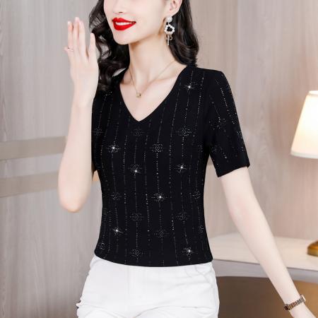 BY16981# 夏季新款短袖大码装高弹棉质亮闪闪重工烫钻T恤上衣  服裝批發女裝批發服飾貨源