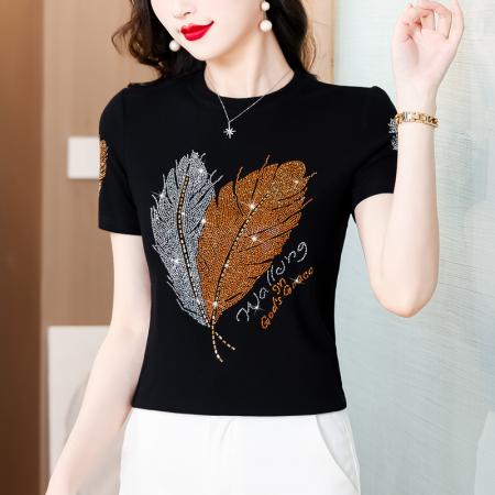 BY16982# 夏季新款时尚大码女装烫钻双色羽毛洋气圆领短袖高弹棉T  服裝批發女裝批發服飾貨源