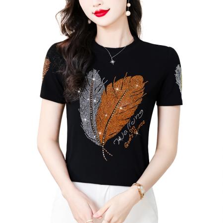 BY16982# 夏季新款时尚大码女装烫钻双色羽毛洋气圆领短袖高弹棉T  服裝批發女裝批發服飾貨源