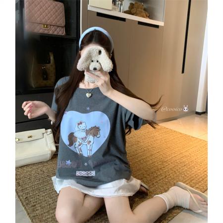 BY16987# 大码夏季胖mm卡通爱心腮红婚纱木马纯棉胖妹妹短袖宽松t恤女  服裝批發女裝批發服飾貨源