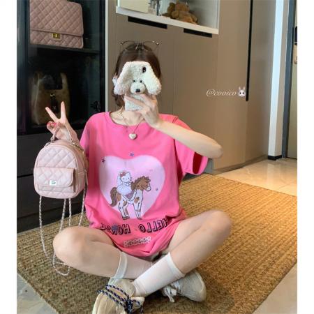 BY16987# 大码夏季胖mm卡通爱心腮红婚纱木马纯棉胖妹妹短袖宽松t恤女  服裝批發女裝批發服飾貨源