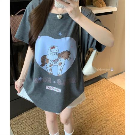 BY16987# 大码夏季胖mm卡通爱心腮红婚纱木马纯棉胖妹妹短袖宽松t恤女  服裝批發女裝批發服飾貨源