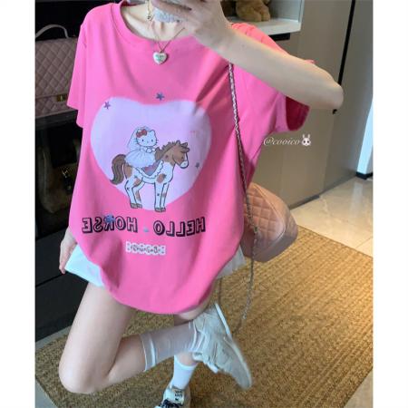 BY16987# 大码夏季胖mm卡通爱心腮红婚纱木马纯棉胖妹妹短袖宽松t恤女  服裝批發女裝批發服飾貨源