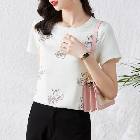 BY16991# 重磅缎面真丝新款数码印花镶钻宽松圆领套头韩版时尚T恤上衣  服裝批發女裝批發服飾貨源