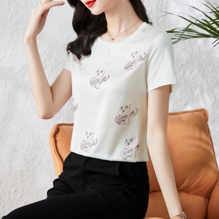 BY16991# 重磅缎面真丝新款数码印花镶钻宽松圆领套头韩版时尚T恤上衣  服裝批發女裝批發服飾貨源