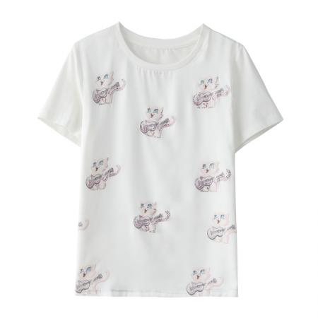 BY16991# 重磅缎面真丝新款数码印花镶钻宽松圆领套头韩版时尚T恤上衣  服裝批發女裝批發服飾貨源