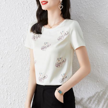 BY16991# 重磅缎面真丝新款数码印花镶钻宽松圆领套头韩版时尚T恤上衣  服裝批發女裝批發服飾貨源